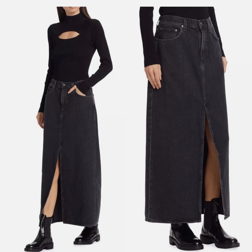 Agolde Leif Front Slit Denim Maxi Skirt in Spider Black Size 34